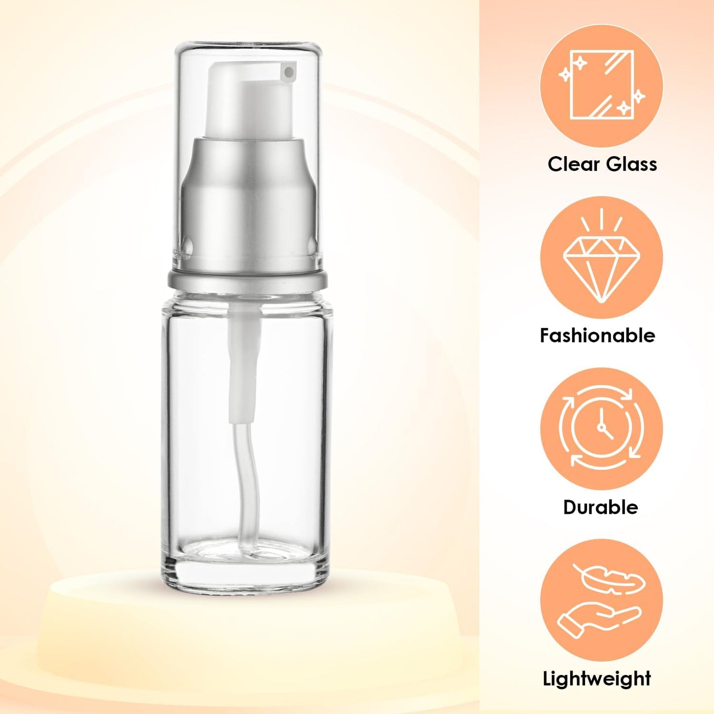 0.5 Oz 15ml Refillable Luxury Clear Glass Lotion Travel Pump Bottle with Silver Cap for Cosmetics, Lotion, Body Cream, Sanitizers, Cream, Foundation (Pack of 3)