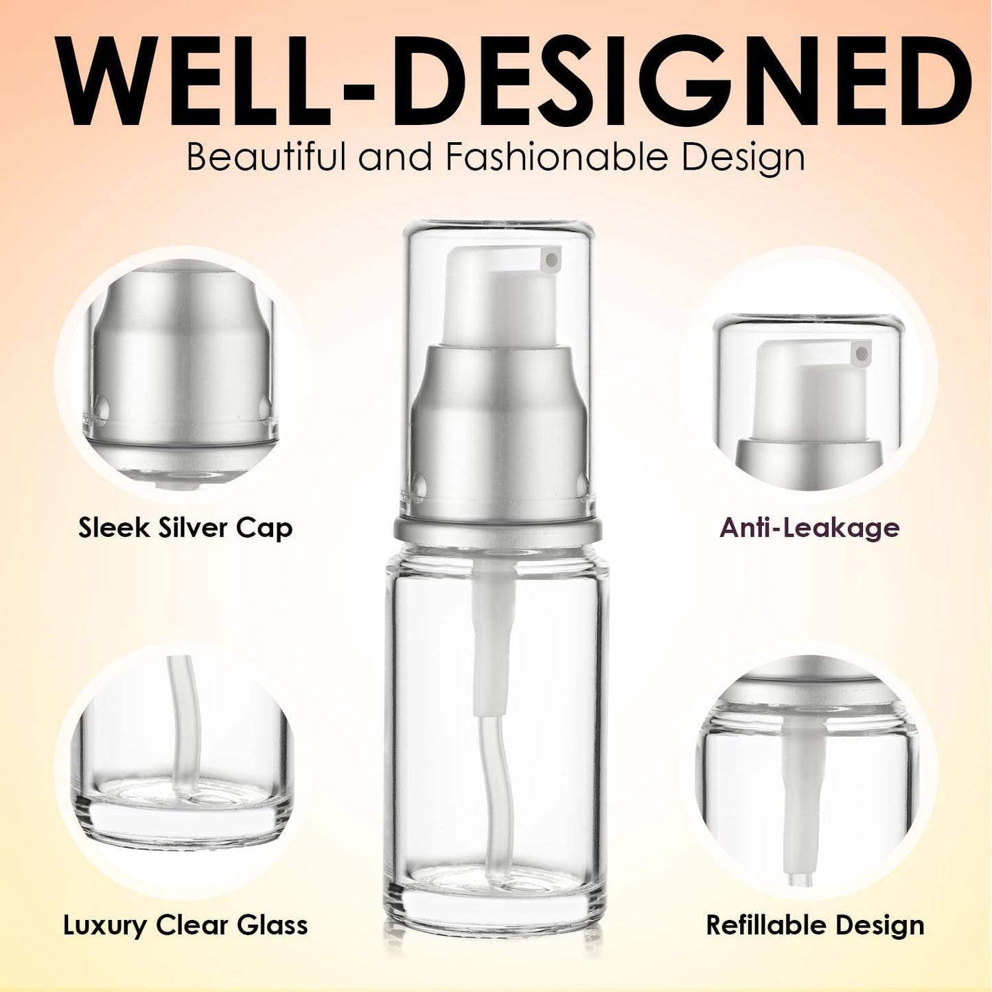 0.5 Oz 15ml Refillable Luxury Clear Glass Lotion Travel Pump Bottle with Silver Cap for Cosmetics, Lotion, Body Cream, Sanitizers, Cream, Foundation (Pack of 3)