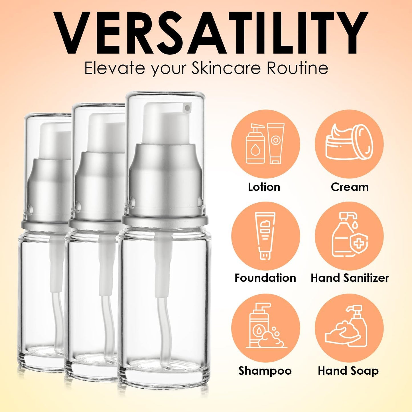 0.5 Oz 15ml Refillable Luxury Clear Glass Lotion Travel Pump Bottle with Silver Cap for Cosmetics, Lotion, Body Cream, Sanitizers, Cream, Foundation (Pack of 3)