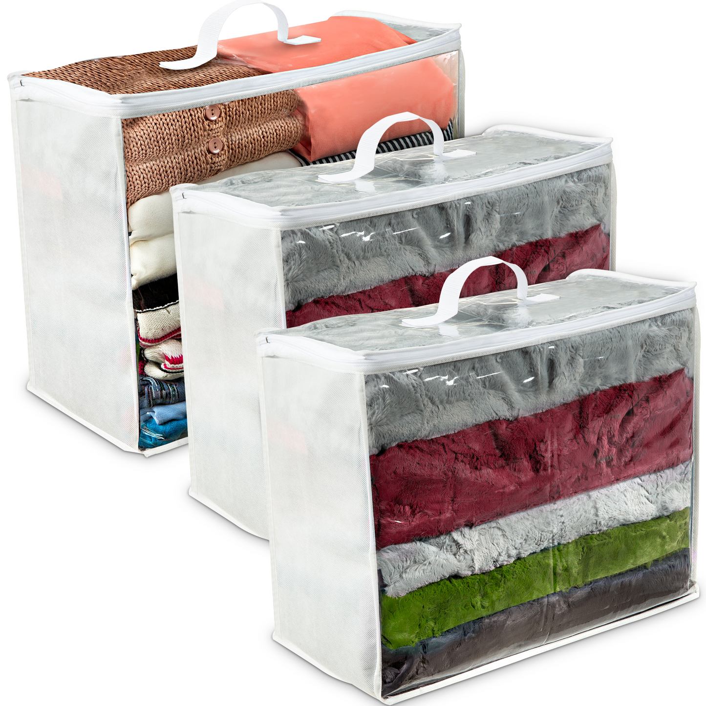 Clear Vinyl Blanket Storage Bags with zipper with Breathable Non Woven Sides, Closet Storage Organizer for Quilts, Blankets, Comforters, Bedding, Sweaters, Clothes, Set of 3 (18" X 15" X 9")