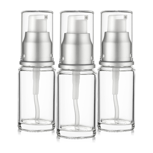 0.5 Oz 15ml Refillable Luxury Clear Glass Lotion Travel Pump Bottle with Silver Cap for Cosmetics, Lotion, Body Cream, Sanitizers, Cream, Foundation (Pack of 3)