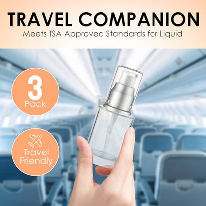 VitalUp 1 Oz 30ml Refillable Luxury Clear Glass Lotion Travel Pump Bottle with Silver Cap for Cosmetics, Lotion, Body Cream, Sanitizers, Cream, Foundation (Pack of 3)