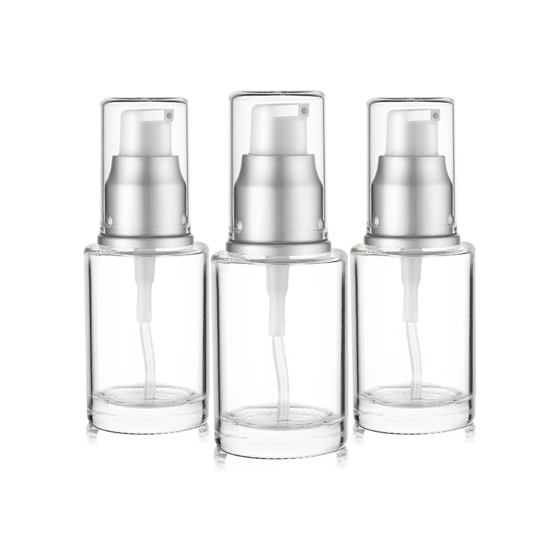 VitalUp 1 Oz 30ml Refillable Luxury Clear Glass Lotion Travel Pump Bottle with Silver Cap for Cosmetics, Lotion, Body Cream, Sanitizers, Cream, Foundation (Pack of 3)