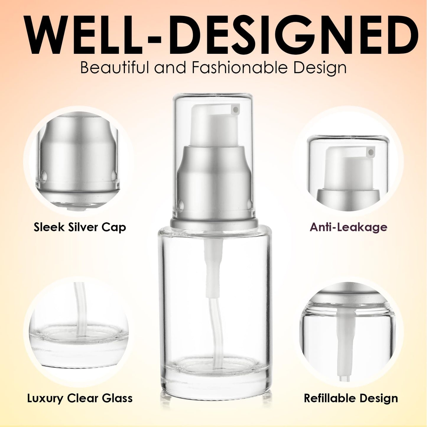 VitalUp 1 Oz 30ml Refillable Luxury Clear Glass Lotion Travel Pump Bottle with Silver Cap for Cosmetics, Lotion, Body Cream, Sanitizers, Cream, Foundation (Pack of 3)