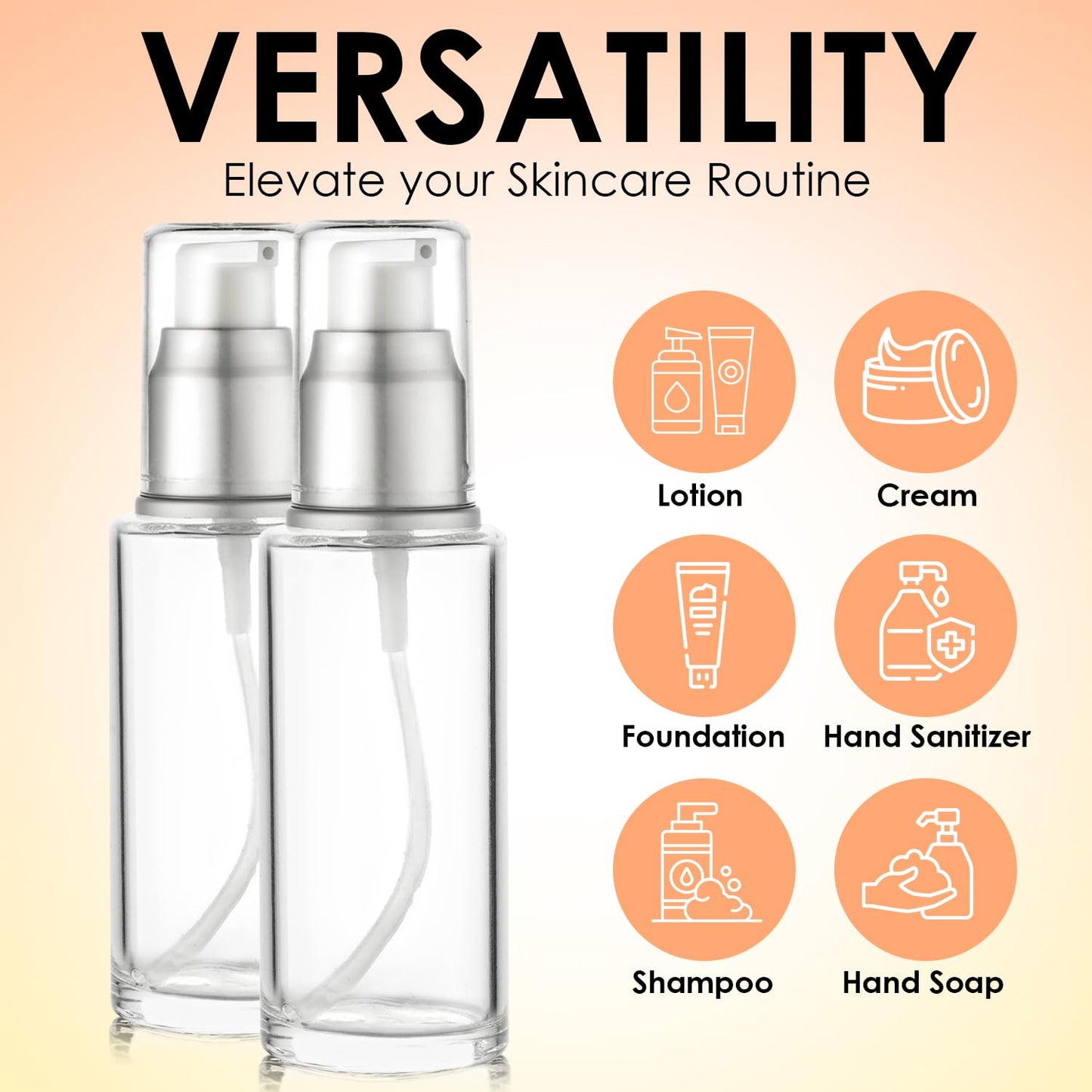 VitalUp 1.7 Oz 50ml Refillable Luxury Clear Glass Lotion Travel Pump Bottle with Silver Cap for Cosmetics, Lotion, Body Cream, Sanitizers, Cream, Foundation (Pack of 2)