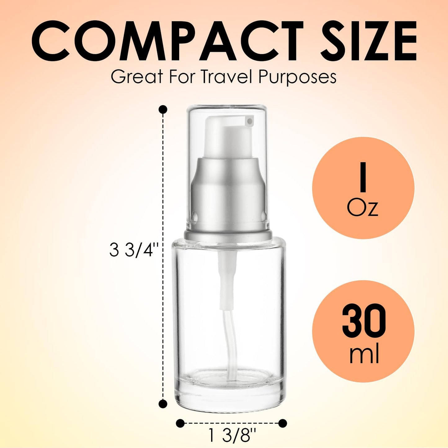 VitalUp 1 Oz 30ml Refillable Luxury Clear Glass Lotion Travel Pump Bottle with Silver Cap for Cosmetics, Lotion, Body Cream, Sanitizers, Cream, Foundation (Pack of 3)