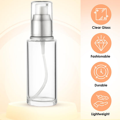 VitalUp 1.7 Oz 50ml Refillable Luxury Clear Glass Lotion Travel Pump Bottle with Silver Cap for Cosmetics, Lotion, Body Cream, Sanitizers, Cream, Foundation (Pack of 2)