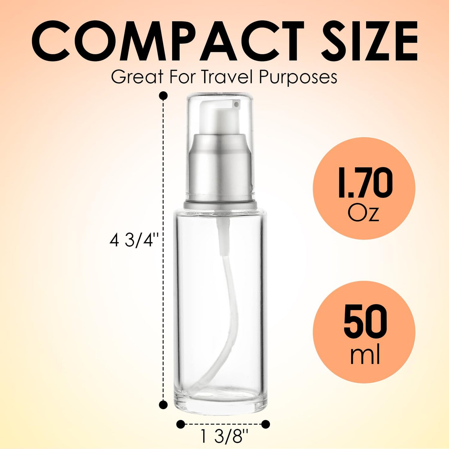 VitalUp 1.7 Oz 50ml Refillable Luxury Clear Glass Lotion Travel Pump Bottle with Silver Cap for Cosmetics, Lotion, Body Cream, Sanitizers, Cream, Foundation (Pack of 2)