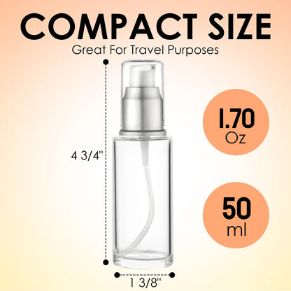 VitalUp 1.7 Oz 50ml Refillable Luxury Clear Glass Lotion Travel Pump Bottle with Silver Cap for Cosmetics, Lotion, Body Cream, Sanitizers, Cream, Foundation (Pack of 2)