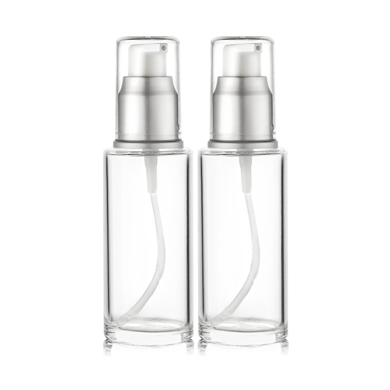 VitalUp 1.7 Oz 50ml Refillable Luxury Clear Glass Lotion Travel Pump Bottle with Silver Cap for Cosmetics, Lotion, Body Cream, Sanitizers, Cream, Foundation (Pack of 2)