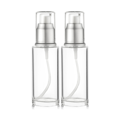 VitalUp 1.7 Oz 50ml Refillable Luxury Clear Glass Lotion Travel Pump Bottle with Silver Cap for Cosmetics, Lotion, Body Cream, Sanitizers, Cream, Foundation (Pack of 2)