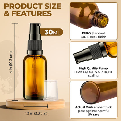 VitalUp 5 Pack Empty Refillable Glass Amber Pump Bottle Ideal for Lotion Cream Essential Oil Travel Small Container,15ml