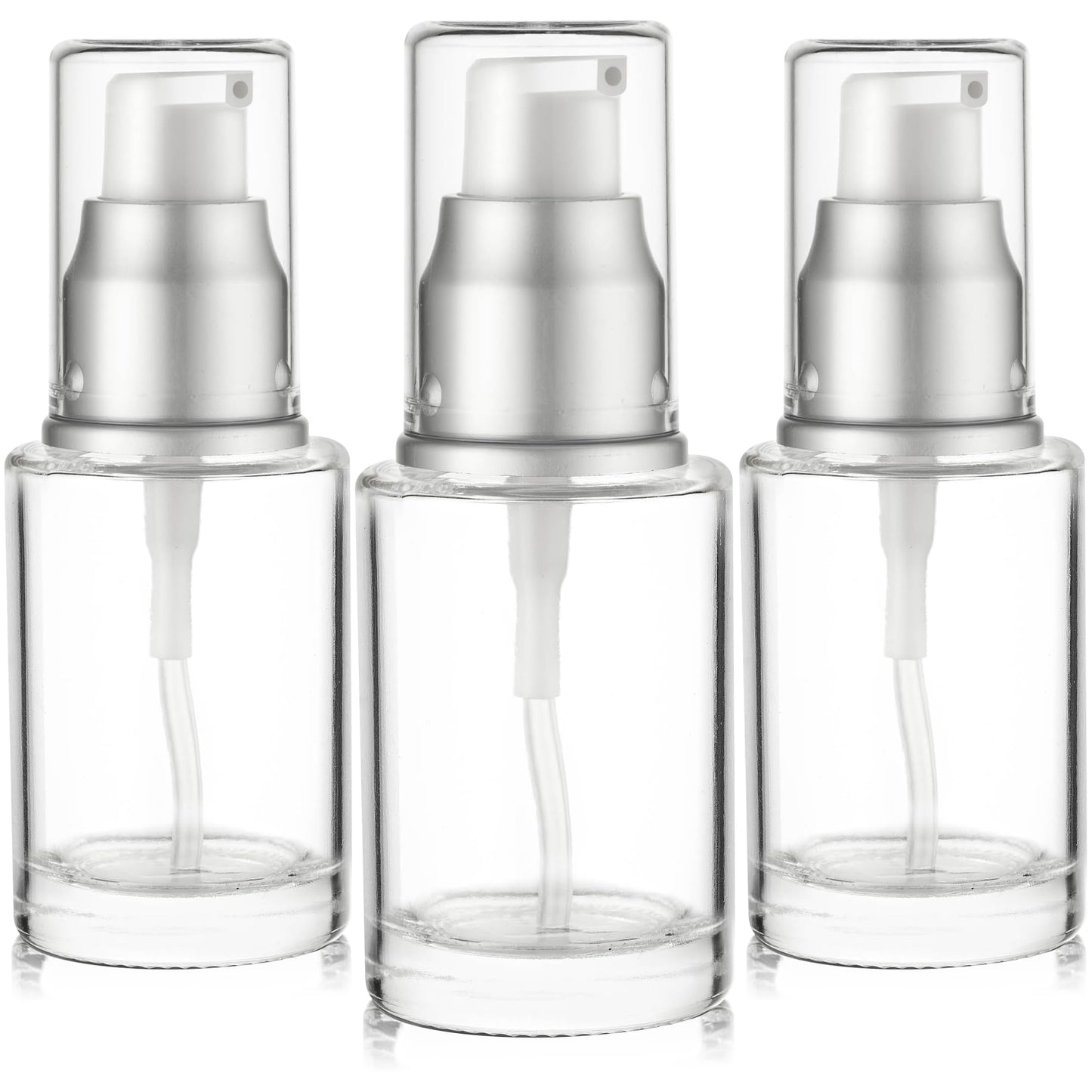 VitalUp 1 Oz 30ml Refillable Luxury Clear Glass Lotion Travel Pump Bottle with Silver Cap for Cosmetics, Lotion, Body Cream, Sanitizers, Cream, Foundation (Pack of 3)