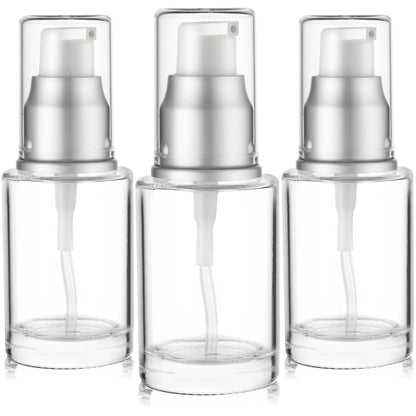 VitalUp 1 Oz 30ml Refillable Luxury Clear Glass Lotion Travel Pump Bottle with Silver Cap for Cosmetics, Lotion, Body Cream, Sanitizers, Cream, Foundation (Pack of 3)