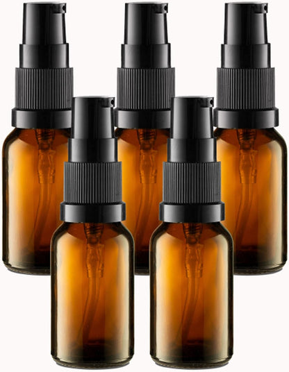 VitalUp 5 Pack Empty Refillable Glass Amber Pump Bottle Ideal for Lotion Cream Essential Oil Travel Small Container,15ml
