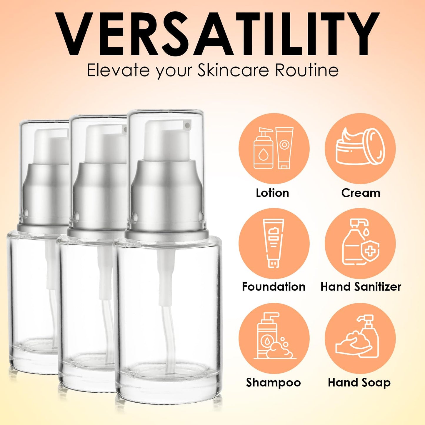 VitalUp 1 Oz 30ml Refillable Luxury Clear Glass Lotion Travel Pump Bottle with Silver Cap for Cosmetics, Lotion, Body Cream, Sanitizers, Cream, Foundation (Pack of 3)