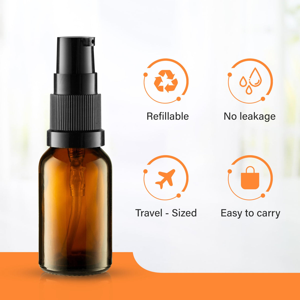 VitalUp 5 Pack Empty Refillable Glass Amber Pump Bottle Ideal for Lotion Cream Essential Oil Travel Small Container,15ml