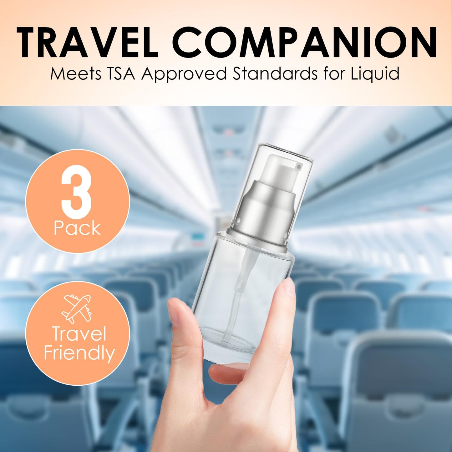 VitalUp 1 Oz 30ml Refillable Luxury Clear Glass Lotion Travel Pump Bottle with Silver Cap for Cosmetics, Lotion, Body Cream, Sanitizers, Cream, Foundation (Pack of 3)