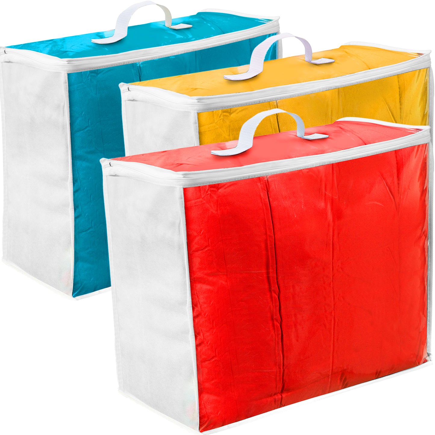 Clear Vinyl Blanket Storage Bags with zipper with Breathable Non Woven Sides, Closet Storage Organizer for Quilts, Blankets, Comforters, Bedding, Sweaters, Clothes, Set of 3 (18" X 15" X 9")